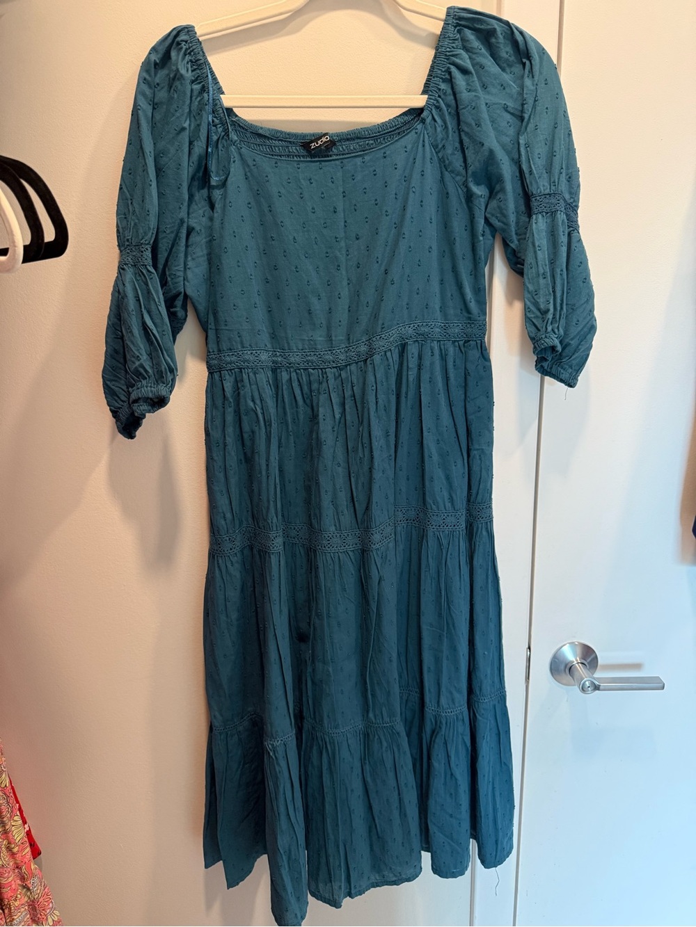 Zudio Teal Puff-Sleeve Tiered Midi Dress